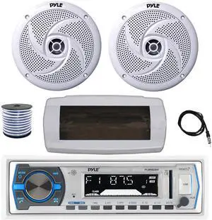 Pyle PLMRB29W Single DIN Bluetooth Marine MP3 AM/FM Stereo Receiver with White Cover, 22" Radio Antenna, Wire, 2x 8'' 320 Watt Max  2-Way Boat Audio Speakers (White)