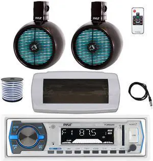 Pyle PLMRB29W Single DIN Bluetooth Marine MP3 AM/FM Stereo Receiver with White Cover, 22" Radio Antenna, Wire, 2x 8" 480 Watt Peak 2-Way Full Range Wakeboard Tower Speakers (Black)