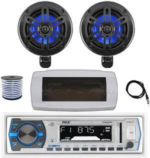 Pyle PLMRB29W Single DIN Bluetooth Marine MP3 AM/FM Stereo Receiver with White Cover, 22" Radio Antenna, Wire, 2x 4" 150 Watt Max 2-Way Waterproof Off-Road Audio Speakers (Black)