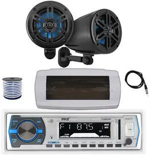 Pyle PLMRB29W Single DIN Bluetooth Marine MP3 AM/FM Stereo Receiver with White Cover, 22" Radio Antenna, Wire, 2x 5.25" 180 Watt Max 2-Way Waterproof Off-Road Audio Speakers (Black)