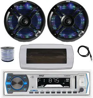Pyle PLMRB29W Single DIN Bluetooth Marine MP3 AM/FM Stereo Receiver with White Cover, 22" Radio Antenna, Wire, 2x 6.5" 250 Watt Max 2-Way Waterproof Multicolor LED Audio Speakers (Black)