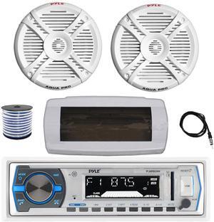 Pyle PLMRB29W Single DIN Bluetooth Marine MP3 AM/FM Stereo Receiver with White Cover, 22" Radio Antenna, Wire, 2x 7.7" 280 Watt Peak 2-Way Full Range Boat Audio Speakers (White)