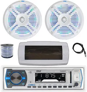 Pyle PLMRB29W Single DIN Bluetooth Marine MP3 AM/FM Stereo Receiver with White Cover, 22" Radio Antenna, Wire, 2x 6.5" 250 Watt Max 2-Way Waterproof Multicolor LED Audio Speakers (White)