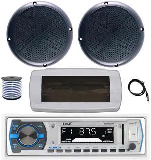 Pyle PLMRB29W Single DIN Bluetooth Marine MP3 AM/FM Stereo Receiver with White Cover, 22" Radio Antenna, Wire, 2x 5.25" 20 Watt Max Polycone Audio Speakers (Black, Bulk Packaging)