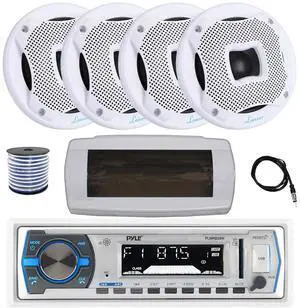 Pyle PLMRB29W Single DIN Bluetooth Marine MP3 AM/FM Stereo Receiver with White Cover, 22" Radio Antenna, Wire, 4x 6.5" 450 Watt Peak 2-Way Water Resistant Boat Audio Speakers (White)