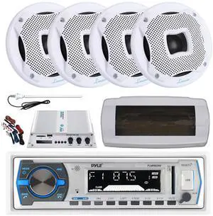 Pyle PLMRB29W Single DIN Bluetooth Marine MP3 AM/FM Stereo Receiver with White Cover, Long Range Antenna, Amplifier w/Kit, 4x 6.5" 450 Watt Peak 2-Way Water Resistant Boat Audio Speakers (White)