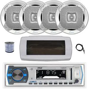 Pyle PLMRB29W Single DIN Bluetooth Marine MP3 AM/FM Stereo Receiver with White Cover, 22" Radio Antenna, Wire, 4x 6.5" 400W Max 2-Way Water Resistant Audio Speakers (Silver)