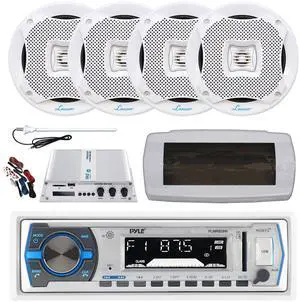 Pyle PLMRB29W Single DIN Bluetooth Marine MP3 AM/FM Stereo Receiver with White Cover, Long Range Antenna, Amplifier w/Kit, 4x 6.5" 400W Max 2-Way Water Resistant Audio Speakers (White)