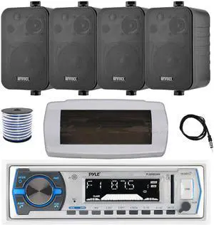 Pyle PLMRB29W Single DIN Bluetooth Marine MP3 AM/FM Stereo Receiver with White Cover, 22" Radio Antenna, Wire, 4x 4" 30 Watt Peak Water-Resistant 3-Way InDoor/OutDoor Audio Speakers (Black)