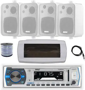 Pyle PLMRB29W Single DIN Bluetooth Marine MP3 AM/FM Stereo Receiver with White Cover, 22" Radio Antenna, Wire, 4x 4" 30 Watt Peak Water-Resistant 3-Way InDoor/OutDoor Audio Speakers (White)