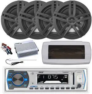 Pyle PLMRB29W Single DIN Bluetooth Marine MP3 AM/FM Stereo Receiver with White Cover, Long Range Antenna, Amplifier w/Kit, 4x 6.5" 180 Watt Max Power 2-Way Water Resistant Audio Speakers (Black)