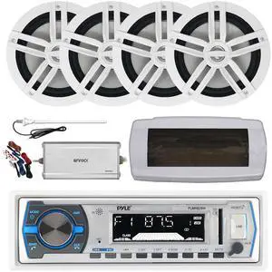 Pyle PLMRB29W Single DIN Bluetooth Marine MP3 AM/FM Stereo Receiver with White Cover, Long Range Antenna, Amplifier w/Kit, 4x 6.5" 180 Watt Peak Power 2-Way Boat Audio Speakers (White)