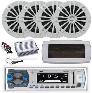 Pyle PLMRB29W Single DIN Bluetooth Marine MP3 AM/FM Stereo Receiver with White Cover, Long Range Antenna, Amplifier w/Kit, 4x 6.5" 180 Watt Max Power 2-Way Water Resistant Audio Speakers (White)