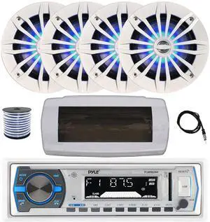 Pyle PLMRB29W Single DIN Bluetooth Marine MP3 AM/FM Stereo Receiver with White Cover, 22" Radio Antenna, Wire, 4x 6.5" 180 Watt Peak 2-Way Blue Flashing LED Boat Audio Speakers (White)