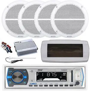 Pyle PLMRB29W Single DIN Bluetooth Marine MP3 AM/FM Stereo Receiver with White Cover, Long Range Antenna, Amplifier w/Kit, 4x 6.5" 90 Watt Peak Power 2-Way Full Range Audio Speakers (White)