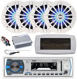 Pyle PLMRB29W Single DIN Bluetooth Marine MP3 AM/FM Stereo Receiver with White Cover, Long Range Antenna, Amplifier w/Kit, 4x 6.5" 180 Watt Peak 2-Way Blue Flashing LED Boat Audio Speakers (White)