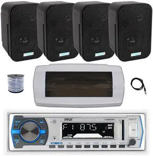 Pyle PLMRB29W Single DIN Bluetooth Marine MP3 AM/FM Stereo Receiver with White Cover, 22" Radio Antenna, Wire, 4x 3.5" 300W Max Indoor/Outdoor Waterproof Wall Mount Speakers (Black)