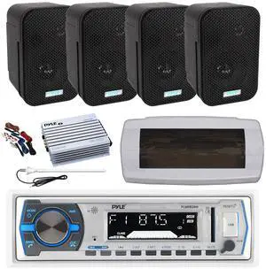 Pyle PLMRB29W Single DIN Bluetooth Marine MP3 AM/FM Stereo Receiver with White Cover, Long Range Antenna, Amplifier w/Kit, 4x 3.5" 300W Max Indoor/Outdoor Waterproof Wall Mount Speakers (Black)