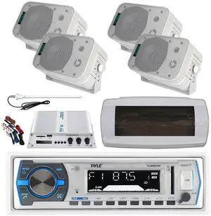 Pyle PLMRB29W Single DIN Bluetooth Marine MP3 AM/FM Stereo Receiver with White Cover, Long Range Antenna, Amplifier w/Kit, 4x 5.25" 400W Max Indoor/Outdoor Waterproof Audio Speakers (White)