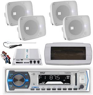 Pyle PLMRB29W Single DIN Bluetooth Marine MP3 AM/FM Stereo Receiver, White Cover, Long Range Antenna, Amplifier w/Kit, 4x 5.25" 600 Watt Max Bluetooth Indoor/Outdoor Waterproof Audio Speakers (White)