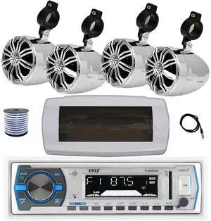 Pyle PLMRB29W Single DIN Bluetooth Marine MP3 AM/FM Stereo Receiver with White Cover, 22" Radio Antenna, Wire, 4x 2.25" 10W Max Full Range Waterproof Off-Road Audio Speakers (Chrome)