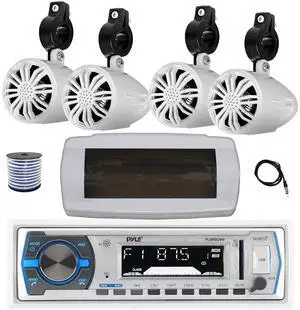 Pyle PLMRB29W Single DIN Bluetooth Marine MP3 AM/FM Stereo Receiver with White Cover, 22" Radio Antenna, Wire, 4x 2.25" 10W Max Full Range Waterproof Off-Road Audio Speakers (White)