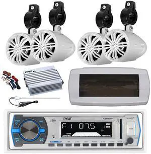 Pyle PLMRB29W Single DIN Bluetooth Marine MP3 AM/FM Stereo Receiver with White Cover, Long Range Antenna, Amplifier w/Kit, 4x 2.25" 10W Max Full Range Waterproof Off-Road Audio Speakers (White)