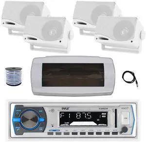 Pyle PLMRB29W Single DIN Bluetooth Marine MP3 AM/FM Stereo Receiver with White Cover, 22" Radio Antenna, Wire, 4x 3.5'' 200 Watt Max 3-Way Indoor/Outdoor Wall Mount Speaker (White)