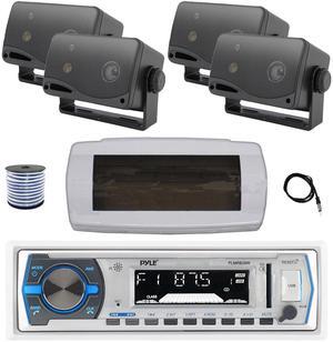 Pyle PLMRB29W Single DIN Bluetooth Marine MP3 AM/FM Stereo Receiver with White Cover, 22" Radio Antenna, Wire, 4x 3.5'' 200 Watt Max 3-Way Indoor/Outdoor Wall Mount Speaker (Black)