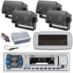 Pyle PLMRB29W Single DIN Bluetooth Marine MP3 AM/FM Stereo Receiver with White Cover, Long Range Antenna, Amplifier w/Kit, 4x 3.5'' 200 Watt Max 3-Way Indoor/Outdoor Wall Mount Speaker (Black)