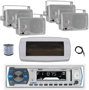Pyle PLMRB29W Single DIN Bluetooth Marine MP3 AM/FM Stereo Receiver with White Cover, 22" Radio Antenna, Wire, 4x 3.5'' 200 Watt Max 3-Way Indoor/Outdoor Wall Mount Speaker (Silver)