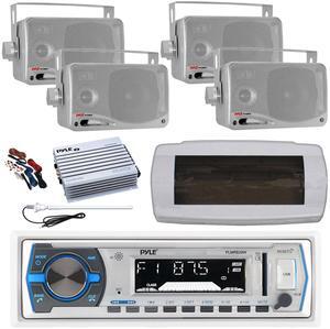 Pyle PLMRB29W Single DIN Bluetooth Marine MP3 AM/FM Stereo Receiver with White Cover, Long Range Antenna, Amplifier w/Kit, 4x 3.5'' 200 Watt Max 3-Way Indoor/Outdoor Wall Mount Speaker (Silver)