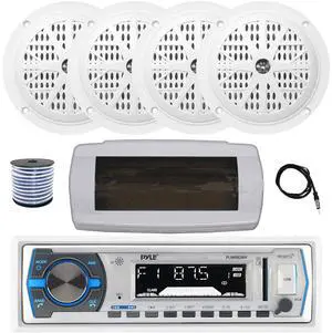 Pyle PLMRB29W Single DIN Bluetooth Marine MP3 AM/FM Stereo Receiver with White Cover, 22" Radio Antenna, Wire, 4x 4'' 100 Watt Peak Full Range Dual Cone Waterproof Stereo Speakers (White)