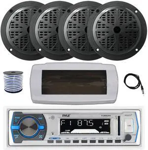 Pyle PLMRB29W Single DIN Bluetooth Marine MP3 AM/FM Stereo Receiver with White Cover, 22" Radio Antenna, Wire, 4x 5.25'' 100 Watt Peak Full Range Dual Cone Waterproof Stereo Speakers (Black)