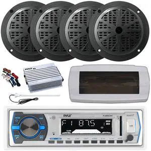 Pyle PLMRB29W Single DIN Bluetooth Marine MP3 AM/FM Stereo Receiver, White Cover, Long Range Antenna, Amplifier w/Kit, 4x 5.25'' 100 Watt Peak Full Range Dual Cone Waterproof Stereo Speakers (Black)