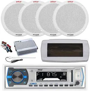 Pyle PLMRB29W Single DIN Bluetooth Marine MP3 AM/FM Stereo Receiver, White Cover, Long Range Antenna, Amplifier w/Kit, 4x 6.5'' 400W Peak 2-Way Full Range Dual Cone Waterproof Speakers (White)