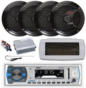 Pyle PLMRB29W Single DIN Bluetooth Marine MP3 AM/FM Stereo Receiver with White Cover, Long Range Antenna, Amplifier w/Kit, 4x 6.5" 150 Watt Max Full Range Dual Cone Waterproof Stereo Speakers (Black)