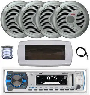 Pyle PLMRB29W Single DIN Bluetooth Marine MP3 AM/FM Stereo Receiver with White Cover, 22" Radio Antenna, Wire, 4x 6.5" 150 Watt Max Full Range Dual Cone Waterproof Stereo Speakers (Silver)