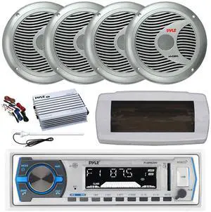 Pyle PLMRB29W Single DIN Bluetooth Marine MP3 AM/FM Stereo Receiver with White Cover, Long Range Antenna, Amplifier w/Kit, 4x 6.5" 150 Watt Max Full Range Dual Cone Waterproof Stereo Speakers (Silver)