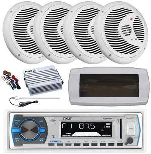 Pyle PLMRB29W Single DIN Bluetooth Marine MP3 AM/FM Stereo Receiver with White Cover, Long Range Antenna, Amplifier w/Kit, 4x 6.5" 150 Watt Max Full Range Dual Cone Waterproof Stereo Speakers (White)