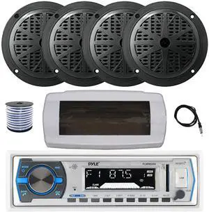 Pyle PLMRB29W Single DIN Bluetooth Marine MP3 AM/FM Stereo Receiver with White Cover, 22" Radio Antenna, Wire, 4x 6.5" 120 Watt Max Full Range Dual Cone Waterproof Stereo Speakers (Black)