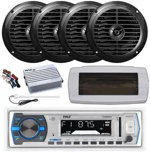 Pyle PLMRB29W Single DIN Bluetooth Marine MP3 AM/FM Stereo Receiver with White Cover, Long Range Antenna, Amplifier w/Kit, 4x 6.5" 120 Watt Peak Full Range Dual Cone Waterproof Stereo Speakers (Black)