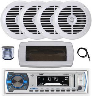 Pyle PLMRB29W Single DIN Bluetooth Marine MP3 AM/FM Stereo Receiver with White Cover, 22" Radio Antenna, Wire, 4x 6.5" 120 Watt Peak Full Range Dual Cone Waterproof Stereo Speakers (White)