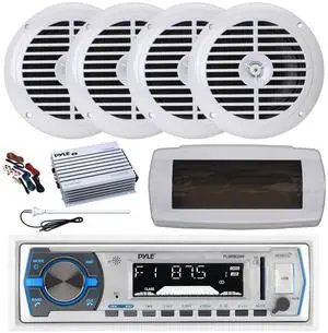 Pyle PLMRB29W Single DIN Bluetooth Marine MP3 AM/FM Stereo Receiver with White Cover, Long Range Antenna, Amplifier w/Kit, 4x 6.5" 120 Watt Peak Full Range Dual Cone Waterproof Stereo Speakers (White)