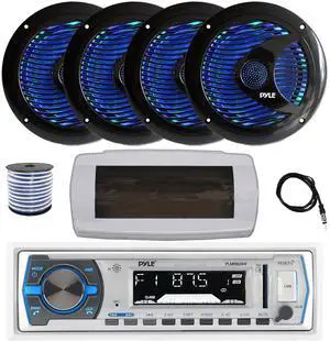 Pyle PLMRB29W Single DIN Bluetooth Marine MP3 AM/FM Stereo Receiver with White Cover, 22" Radio Antenna, Wire, 4x 6.5'' 150 Watt Max Dual Cone Multicolor LED Audio Speakers (Black) w/Remote