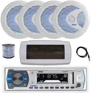 Pyle PLMRB29W Single DIN Bluetooth Marine MP3 AM/FM Stereo Receiver with White Cover, 22" Radio Antenna, Wire, 4x 6.5'' 150 Watt Max Dual Cone Multicolor LED Audio Speakers (White) w/Remote