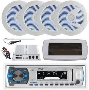 Pyle PLMRB29W Single DIN Bluetooth Marine MP3 AM/FM Stereo Receiver, White Cover, Long Range Antenna, Amplifier w/Kit, 4x 6.5'' 150 Watt Max Dual Cone Multicolor LED Audio Speakers (White) w/Remote
