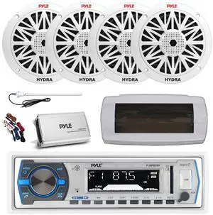 Pyle PLMRB29W Single DIN Bluetooth Marine MP3 AM/FM Stereo Receiver with White Cover, Long Range Antenna, Amplifier w/Kit, 4x 8'' 300W Max Full Range Dual Cone Waterproof Stereo Speakers (White)