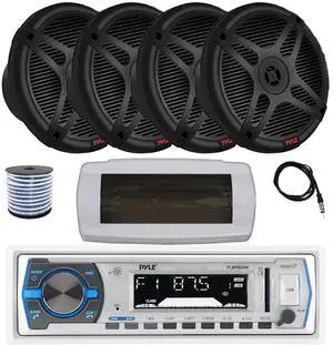 Pyle PLMRB29W Single DIN Bluetooth Marine MP3 AM/FM Stereo Receiver with White Cover, 22" Radio Antenna, Wire, 4x 6.5" 600 Watt Max 2-Way Full Range Waterproof Wireless RF Streaming Speakers (Black)