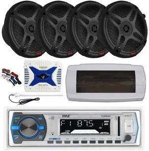 Pyle PLMRB29W Single DIN Bluetooth Marine MP3 AM/FM Stereo Receiver, White Cover, Long Range Antenna, Amplifier w/Kit, 4x 6.5" 600 Watt Max 2-Way Waterproof Wireless RF Streaming Speakers (Black)